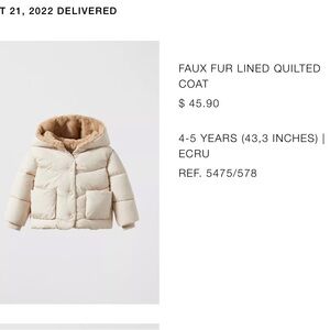 Zara Ecru Faux Fur Lined Quilted Puffer Coat